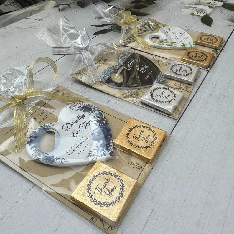 Chocolate heart wedding favor with a custom magnet and opener in a sweet gift pack, the perfect keepsake to celebrate your special day