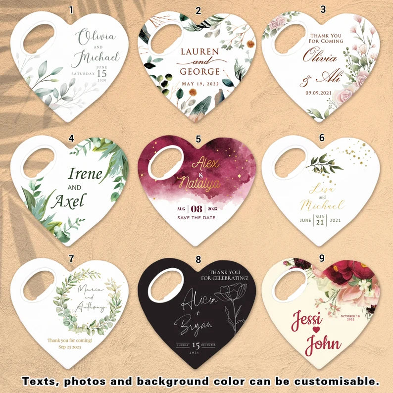 Chocolate heart wedding favor with a custom magnet and opener in a sweet gift pack, the perfect keepsake to celebrate your special day