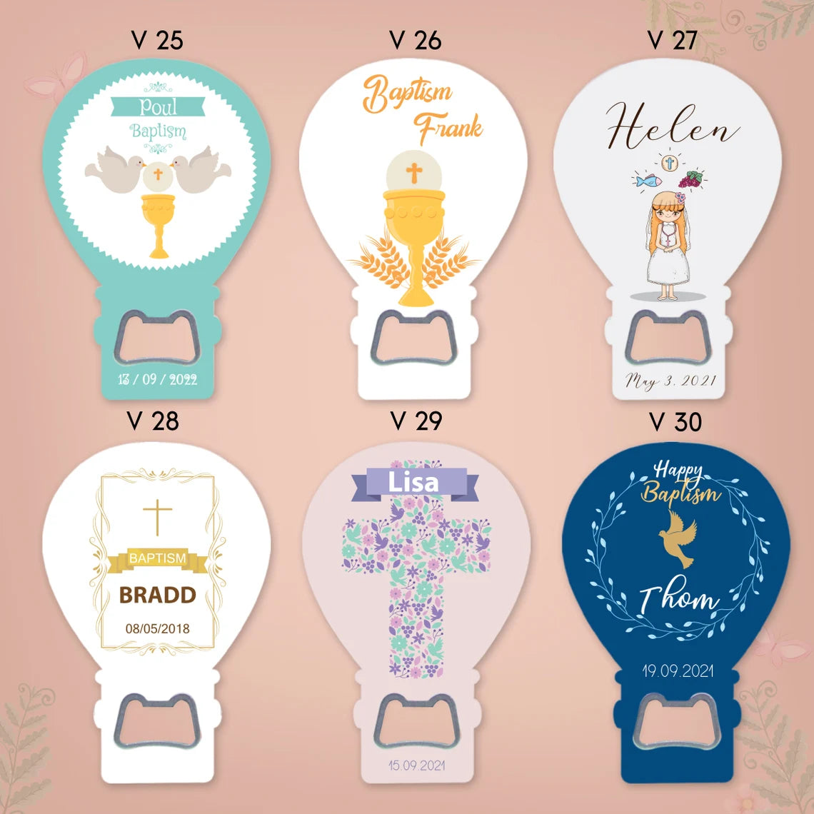 Custom Balloon Magnet & Bottle Opener designs featuring baptism themes for boys and girls.