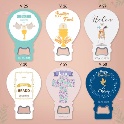 Custom Balloon Magnet & Bottle Opener designs featuring baptism themes for boys and girls.