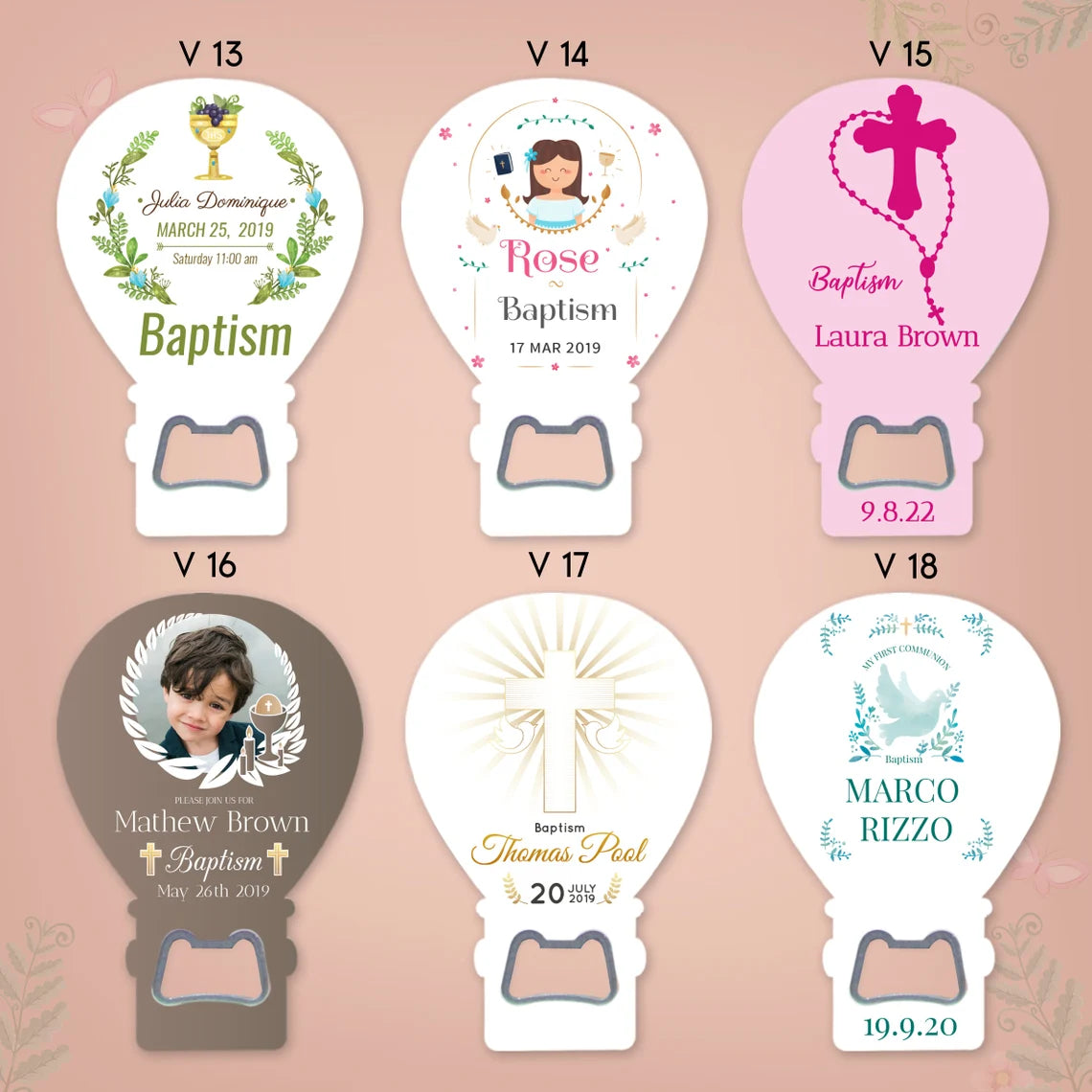Custom Balloon Magnet & Bottle Opener with 6 baptism designs for boys and girls, personalized for memorable occasions.
