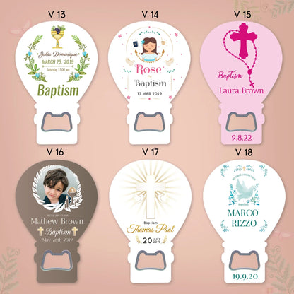 Custom Balloon Magnet & Bottle Opener with 6 baptism designs for boys and girls, personalized for memorable occasions.