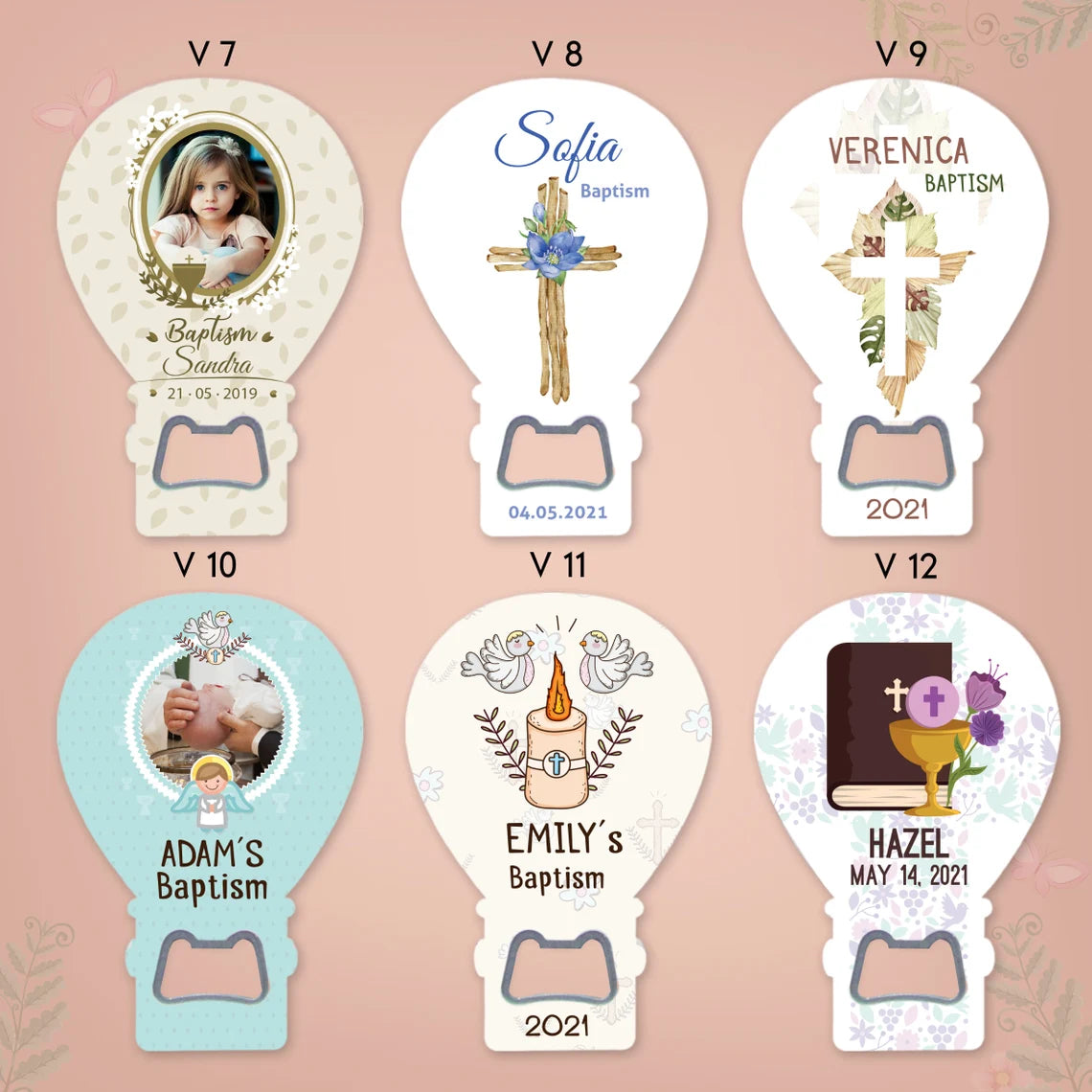 Custom Balloon Magnet & Bottle Opener – 48 Baptism Designs for Baby Boy & Girl Favors featuring personalizations.