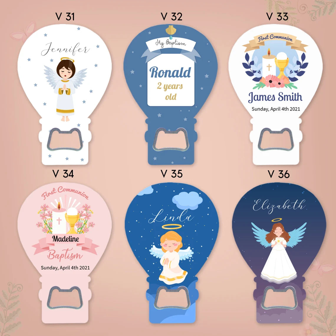 Custom Balloon Magnet & Bottle Opener favors featuring 48 baptism designs for boys and girls.