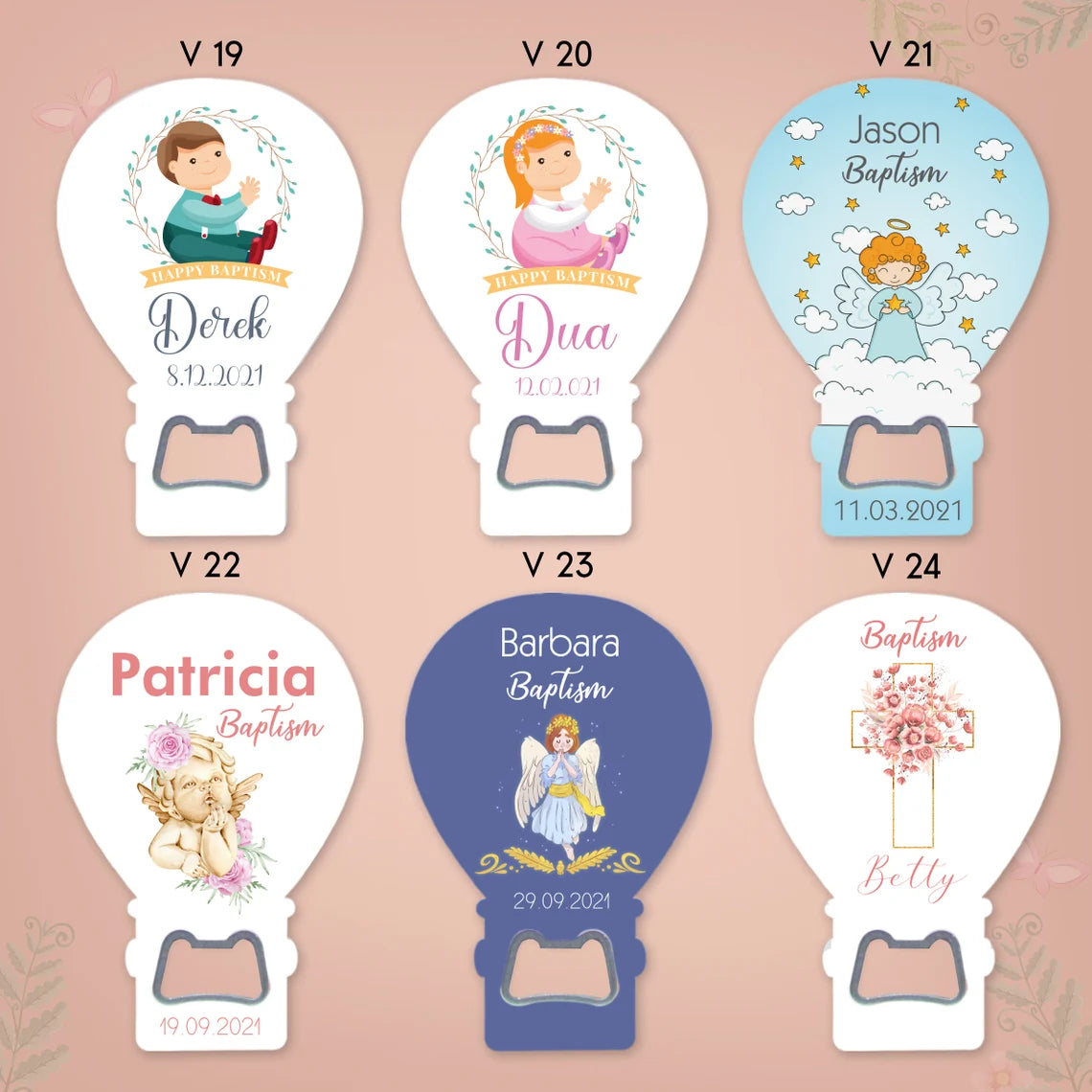 Custom balloon magnets and bottle openers featuring 6 baptism designs for boys and girls, personalized with names and dates.