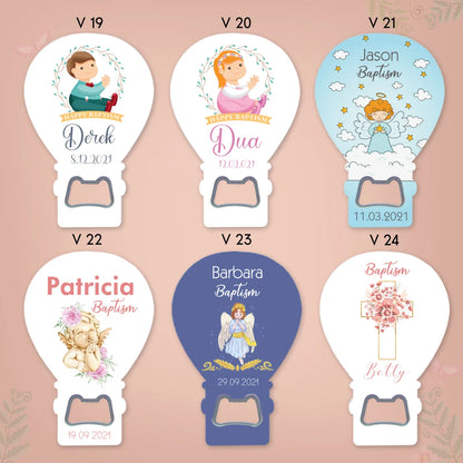 Custom balloon magnets and bottle openers featuring 6 baptism designs for boys and girls, personalized with names and dates.