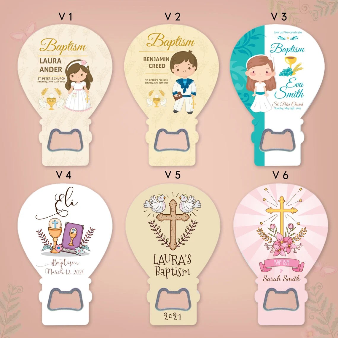 Custom Balloon Magnet & Bottle Opener – 48 Baptism Designs for Baby Boy & Girl Favors showcasing various personalized designs.