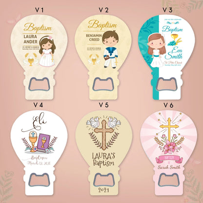 Custom Balloon Magnet & Bottle Opener – 48 Baptism Designs for Baby Boy & Girl Favors showcasing various personalized designs.