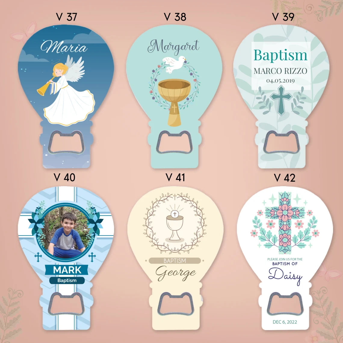 Custom Balloon Magnet & Bottle Opener favors featuring personalized baptism designs for boys and girls.