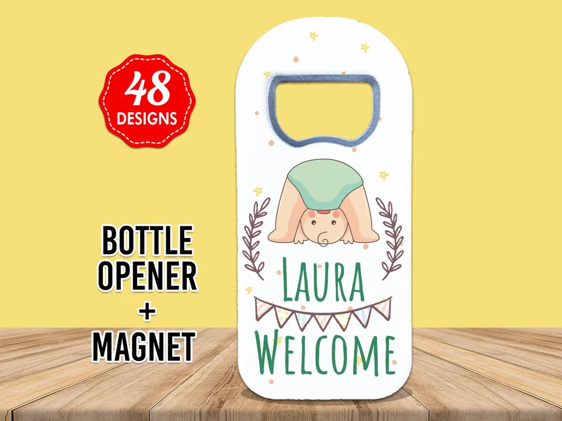 Baby shower guest gift set featuring a personalized magnet and bottle opener with 48 unique designs, perfect for celebrating your special day.