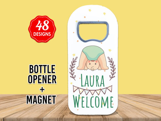 Baby shower guest gift set featuring a personalized magnet and bottle opener with 48 unique designs, perfect for celebrating your special day.