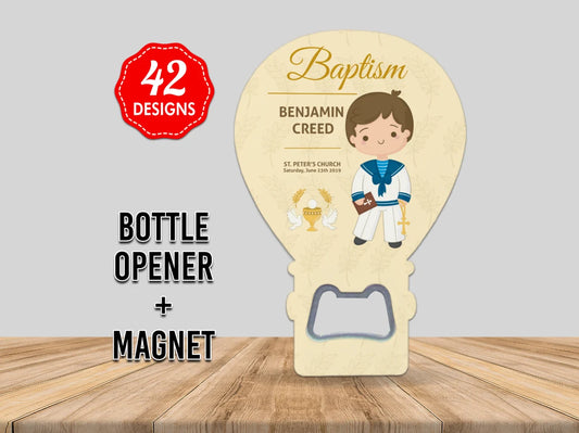 Custom Balloon Magnet & Bottle Opener for Baptism with 42 designs featuring name and date, perfect baby boy & girl favors.