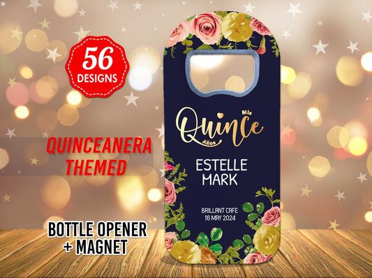 Quinceañera favor for guests in bulk, featuring a customizable magnet and bottle opener, perfect for celebrating your special day