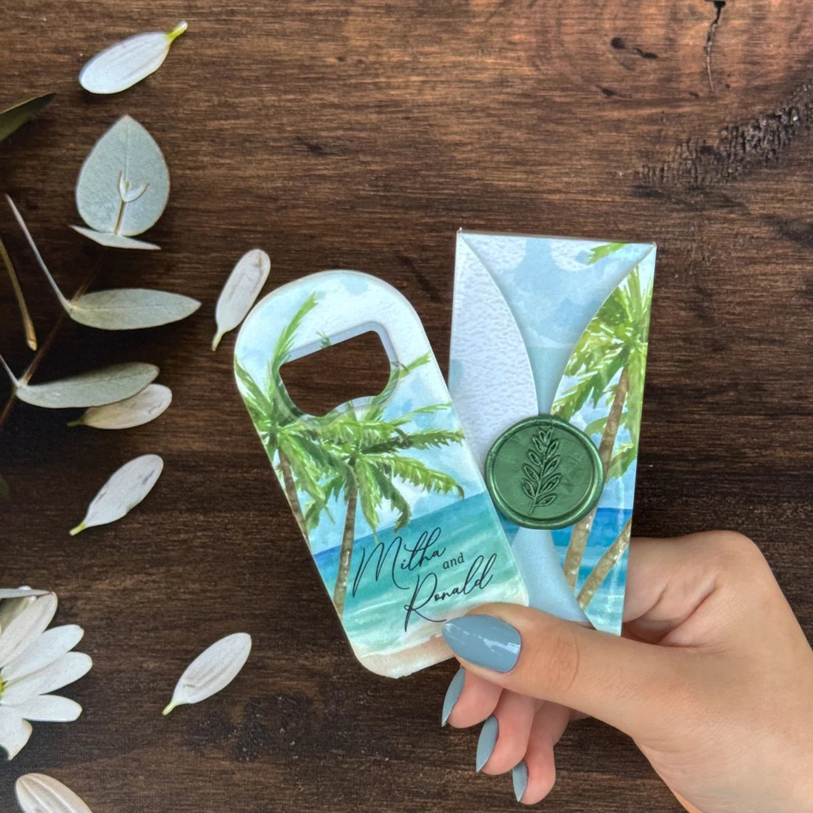 Beach theme wedding gift set featuring a personalized magnet, elegant box, and wax seal, perfect for creating lasting memories of your special day