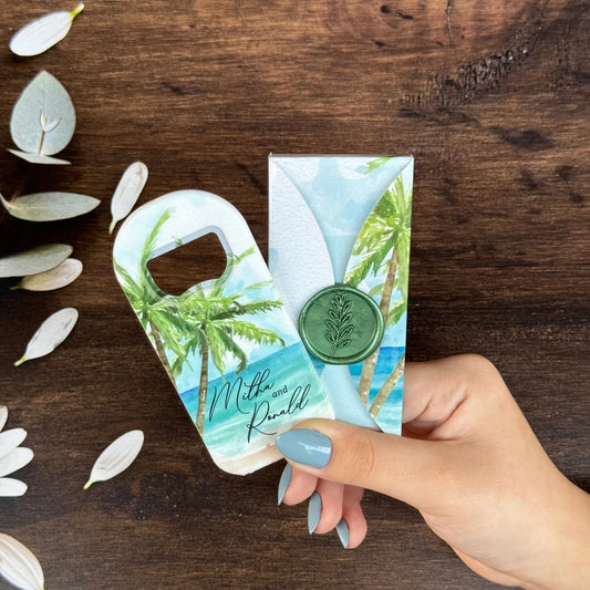 Beach theme wedding gift set featuring a personalized magnet, elegant box, and wax seal, perfect for creating lasting memories of your special day