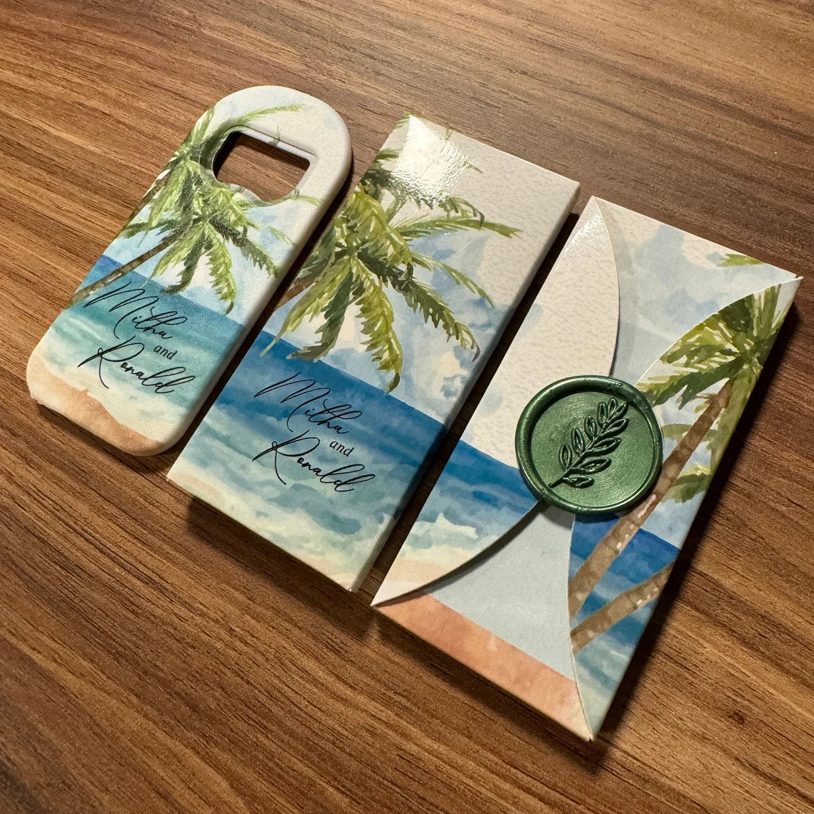 Beach theme wedding gift set featuring a personalized magnet, elegant box, and wax seal, perfect for creating lasting memories of your special day