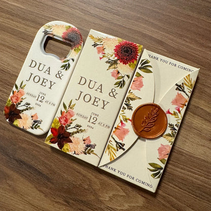 Wedding gift box set featuring custom magnet and opener favors, elegantly packaged to create a memorable gift for your special day.