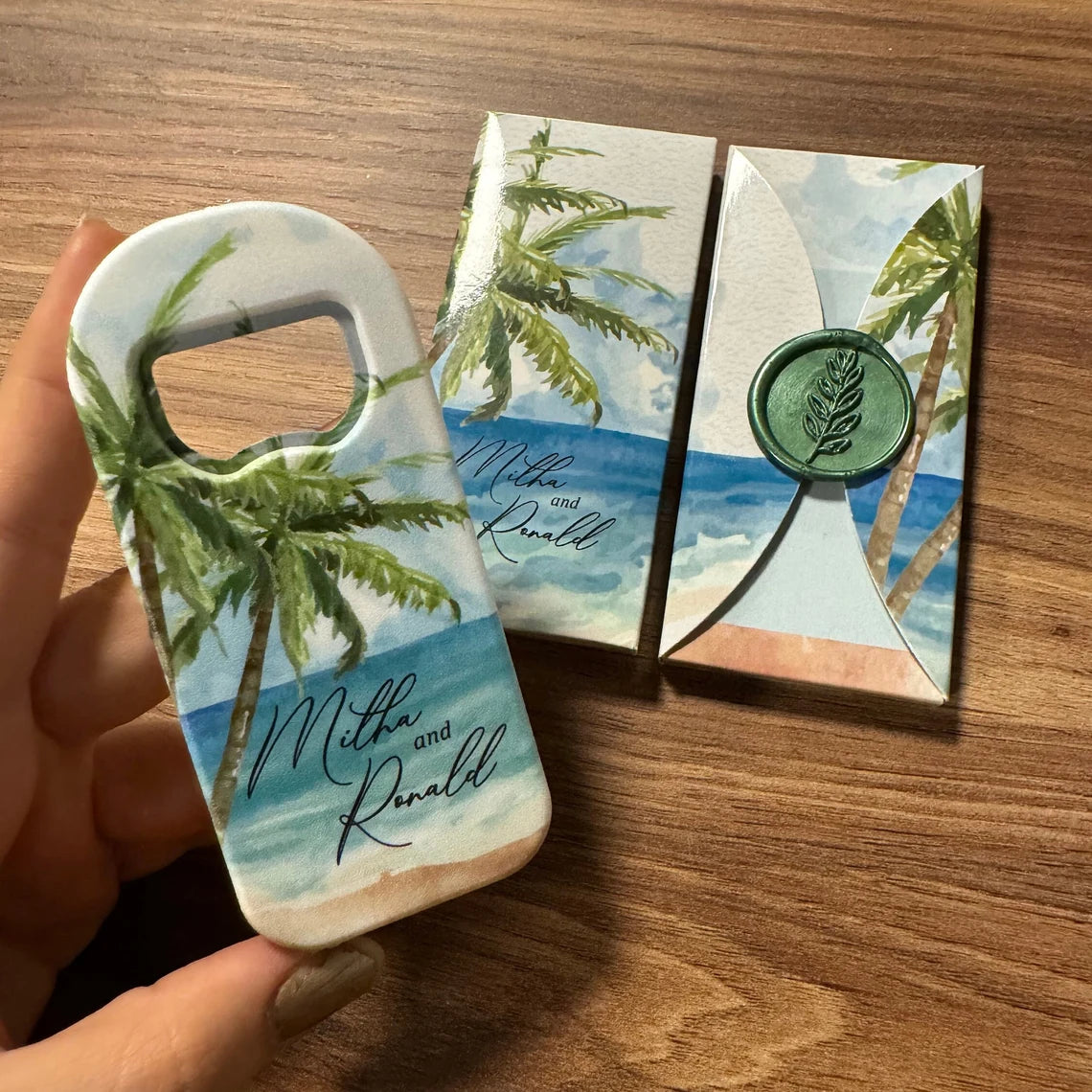 Beach theme wedding gift set featuring a personalized magnet, elegant box, and wax seal, perfect for creating lasting memories of your special day