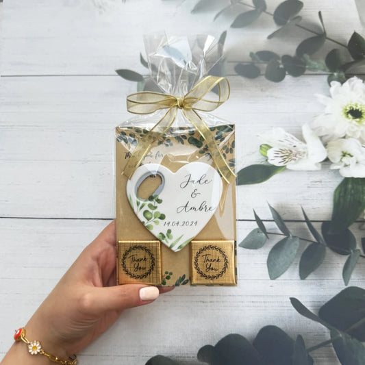 Chocolate heart wedding favor with a custom magnet and opener in a sweet gift pack, the perfect keepsake to celebrate your special day