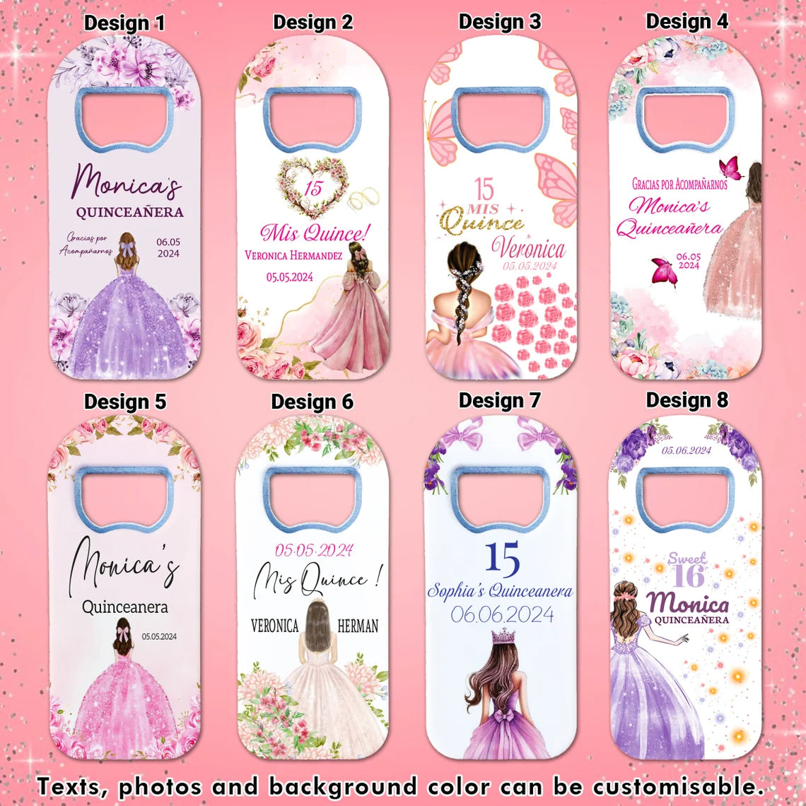 Quinceañera party souvenirs featuring a personalized magnet, card, and two delicious chocolates, perfect for thanking your guests.