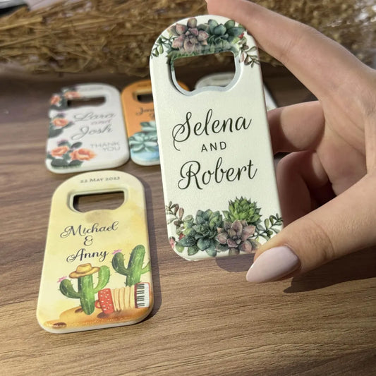 Bottle opener wedding gift guest magnet, a personalized and functional keepsake for your special day, perfect for thanking your guests