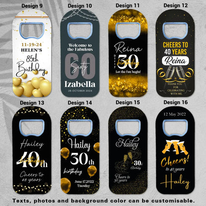 Personalized birthday keepsake gifts, featuring a magnet and bottle opener, perfect for creating lasting memories