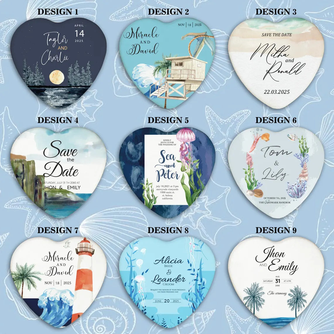 Heart-shaped wedding magnet and bottle opener designs featuring customizable names and dates.