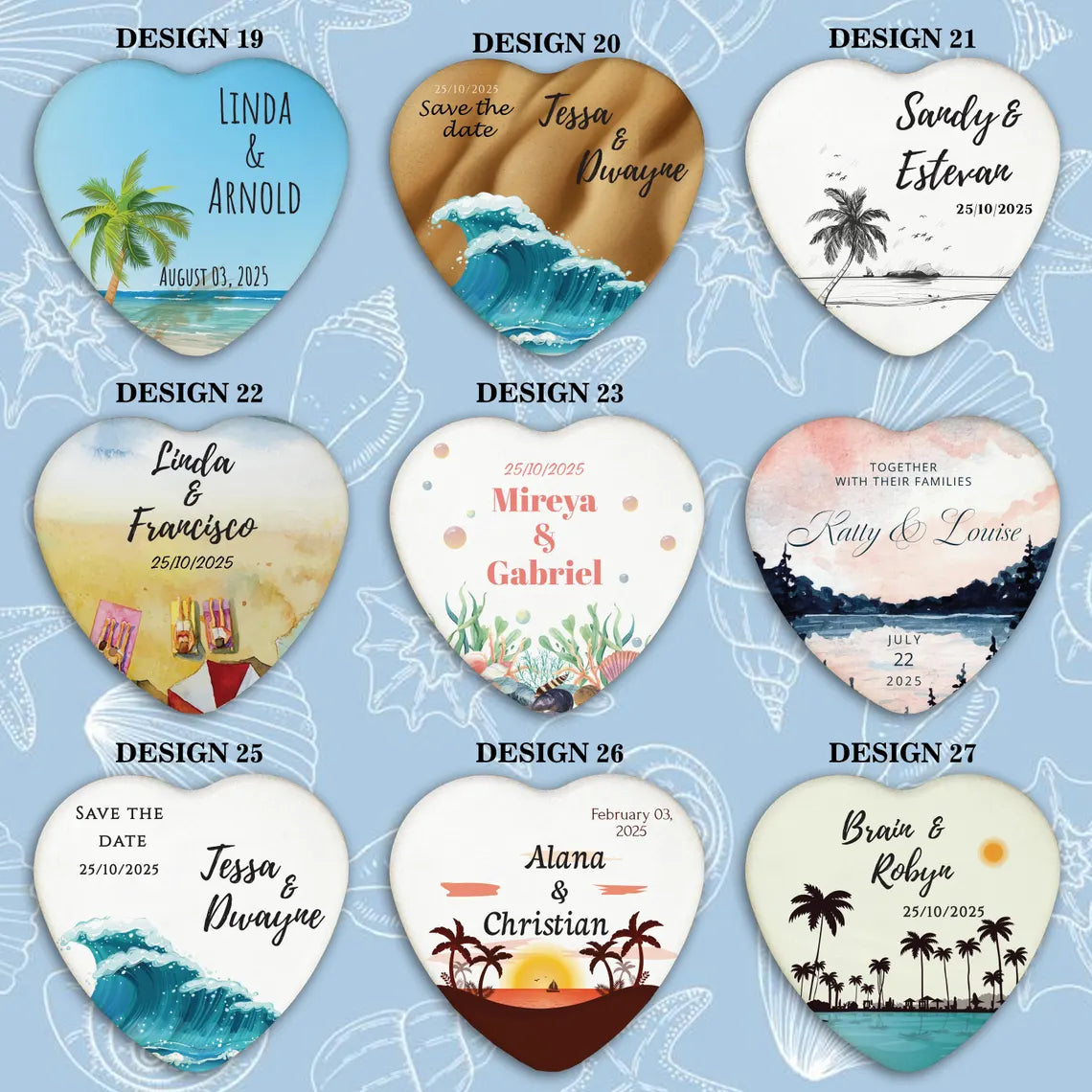 Heart-shaped magnets and bottle openers with personalized designs for weddings, featuring names and dates.