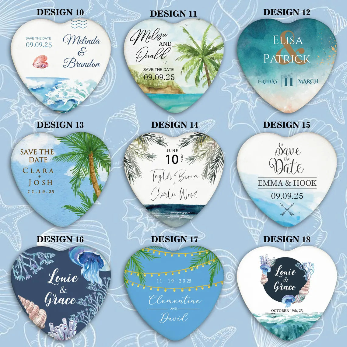 Collection of heart-shaped wedding magnet and bottle opener designs with personalized details and tropical themes.