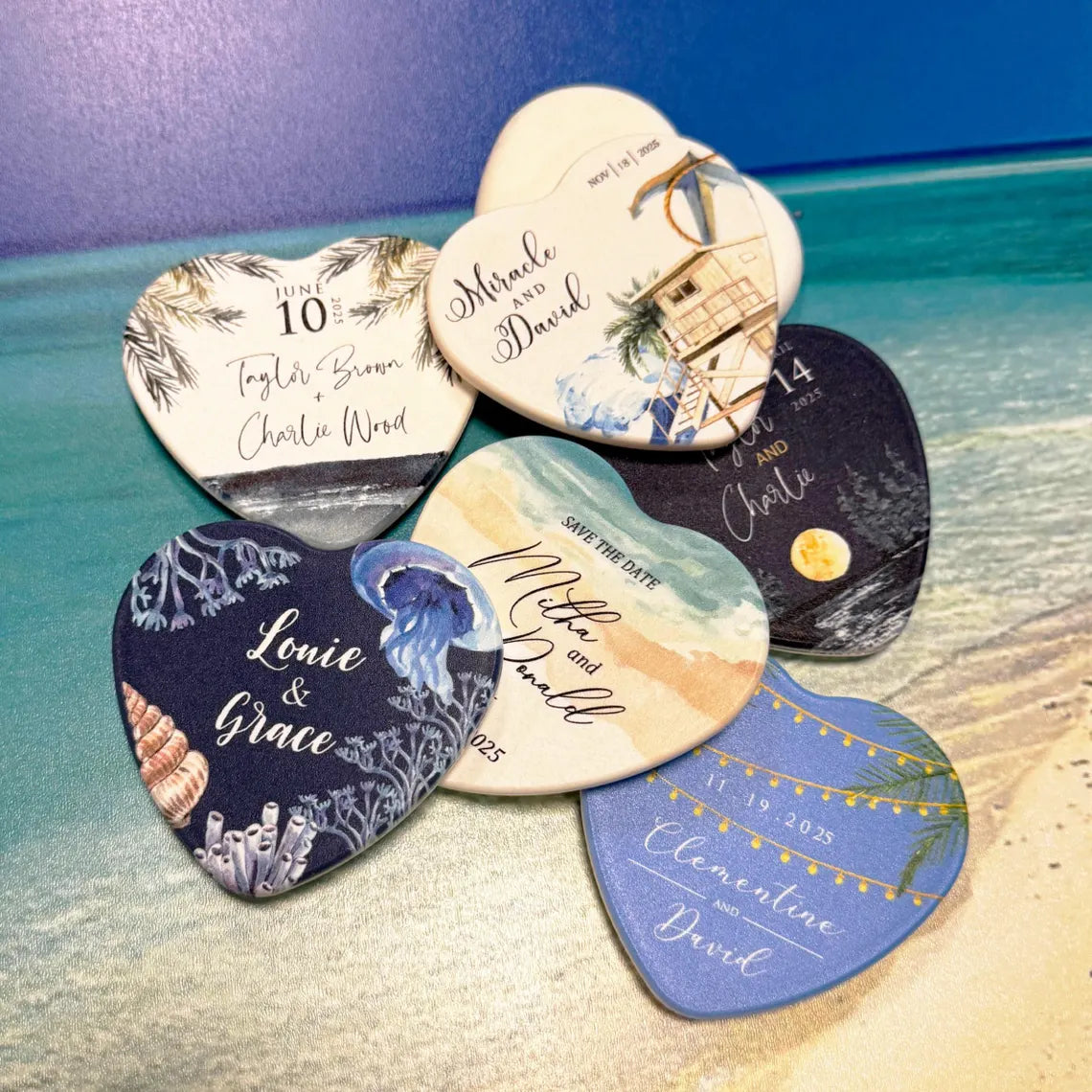 Collage of heart-shaped wedding magnets featuring various personalized designs and names for guests.
