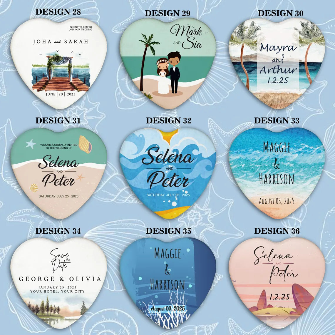 Collage of heart-shaped wedding magnets featuring various personalized designs and names for guests.