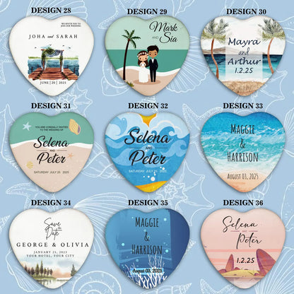 Collage of heart-shaped wedding magnets featuring various personalized designs and names for guests.
