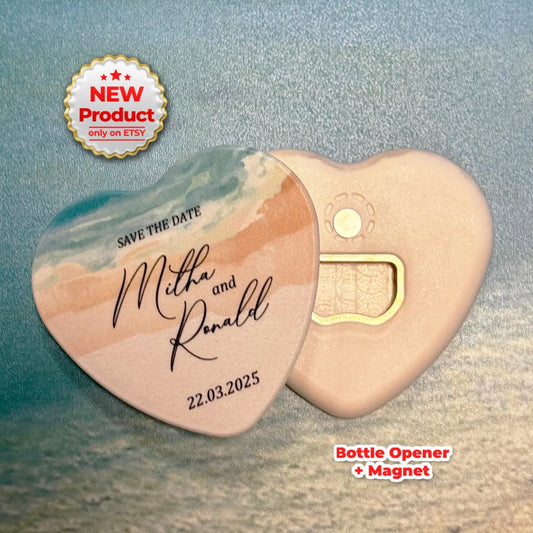 Heart-shaped magnet and bottle opener wedding favor with custom names and date, elegant keepsake for guests.