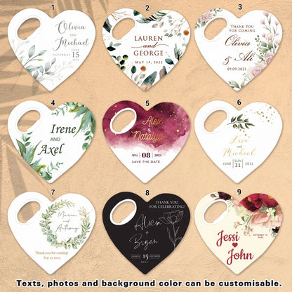 Chocolate heart wedding favor with a custom magnet and opener in a sweet gift pack, the perfect keepsake to celebrate your special day