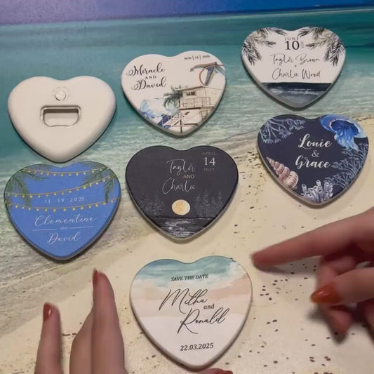 Heart-shaped magnets and bottle openers personalized for weddings with various designs and names.