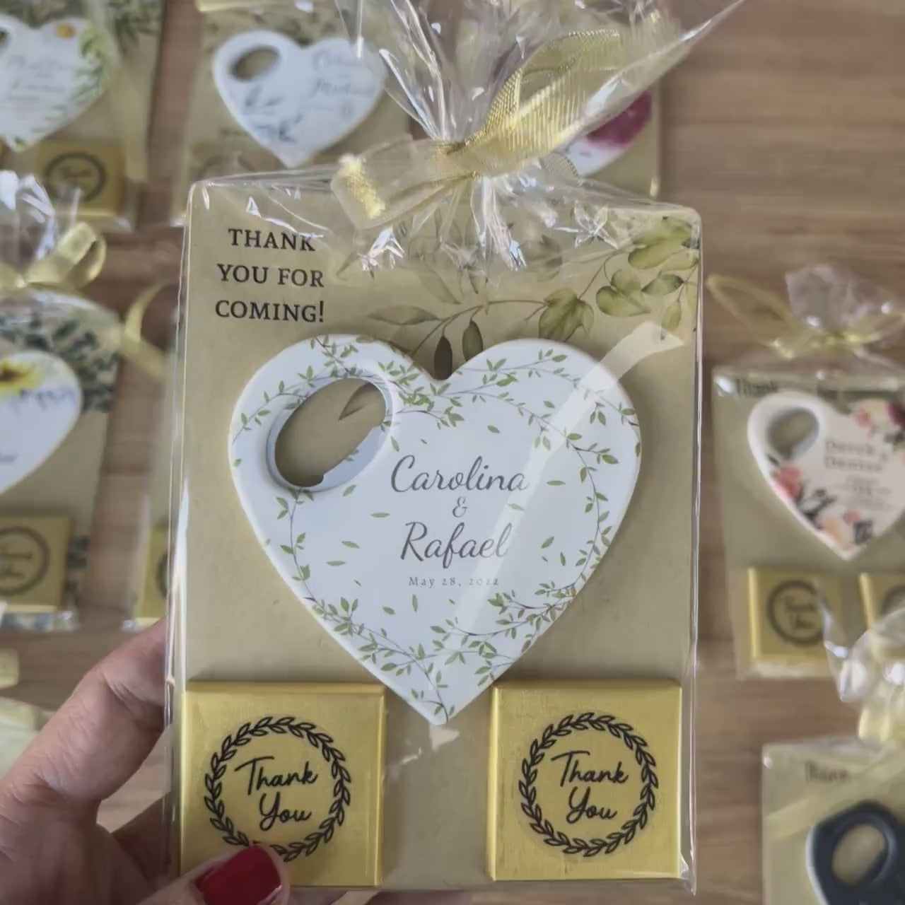 Chocolate heart wedding favor with a custom magnet and opener in a sweet gift pack, the perfect keepsake to celebrate your special day