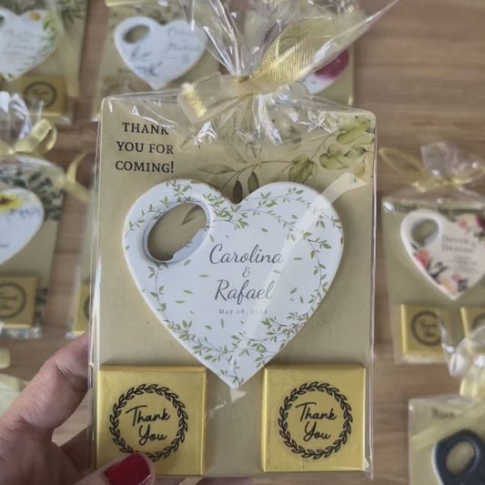 Chocolate heart wedding favor with a custom magnet and opener in a sweet gift pack, the perfect keepsake to celebrate your special day